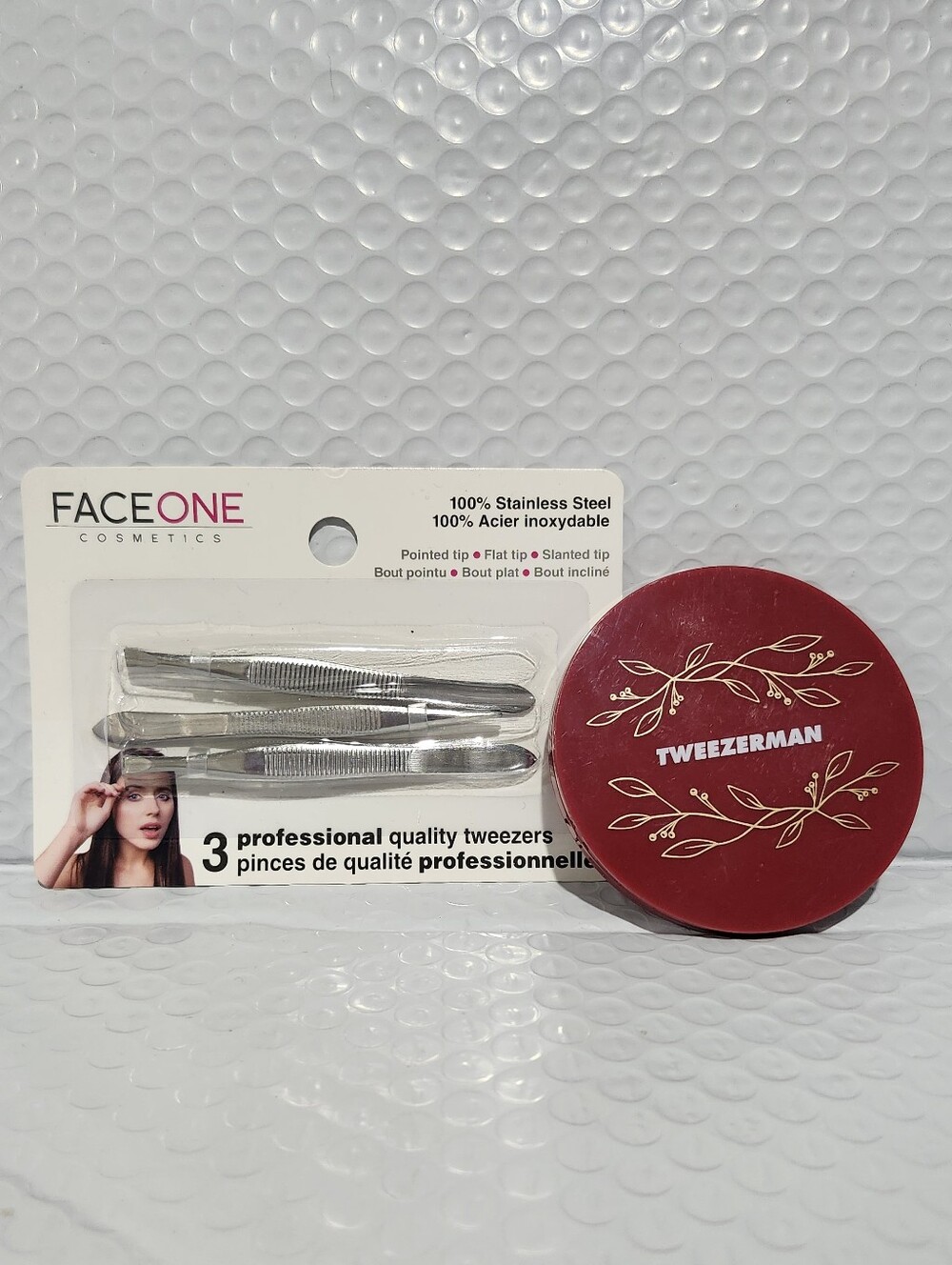 FaceOne Stainless Steel Tweezer Set & Tweezerman Mirror Compact